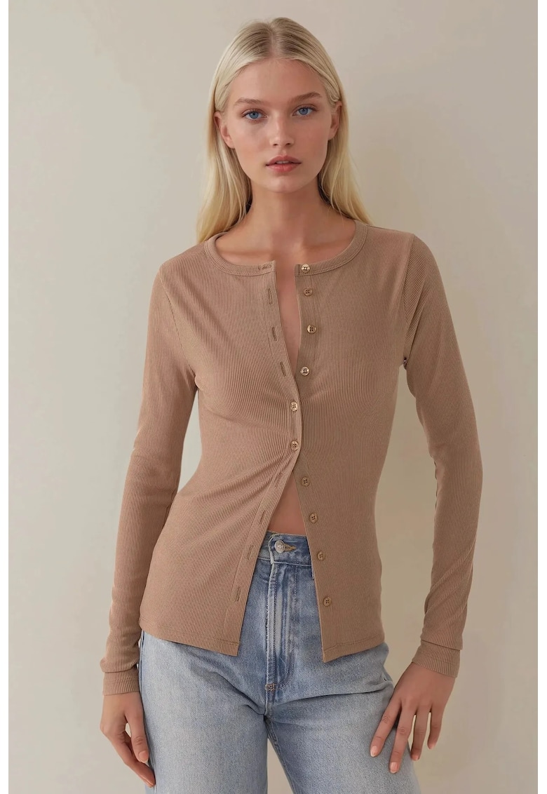 Top dama - slim fit - decolteu in V - maneca lunga - maro - bumbac