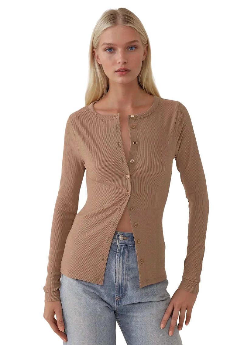 Top dama - slim fit - decolteu in V - maneca lunga - maro - bumbac