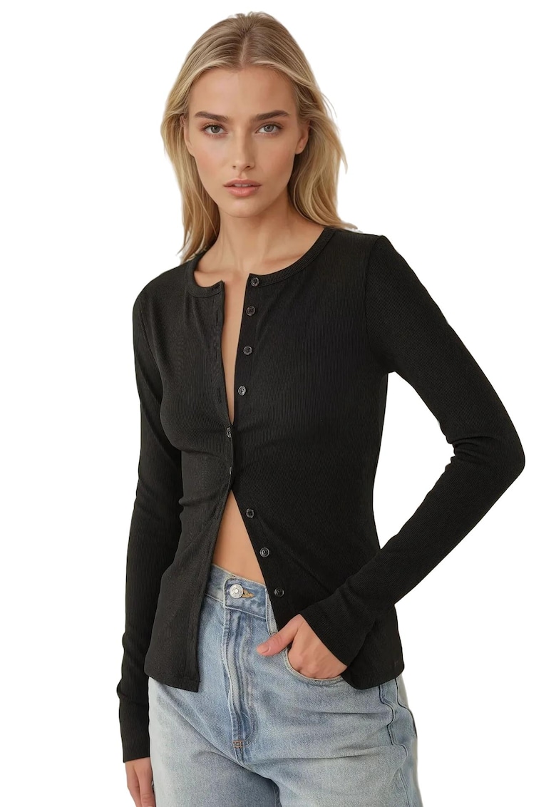 Top slim fit - decolteu in V - maneca lunga - negru