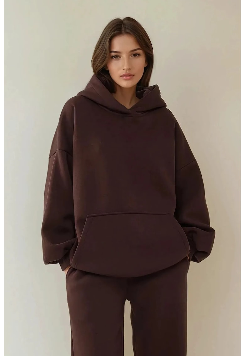 Hanorac dama - tricotat - guler rotund - croiala lejera - maro - textil