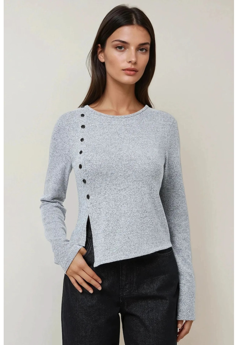 Top dama - texturat - maneca lunga - gri - bumbac