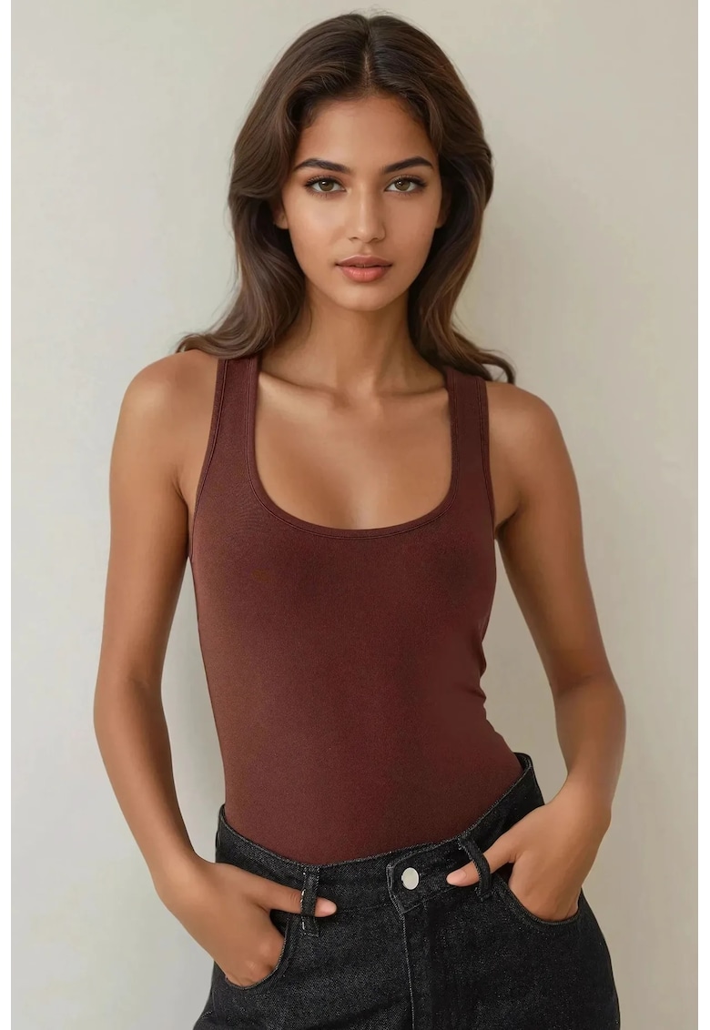 Top - top texturat cu guler patrat - croiala slim fit - maro - bumbac