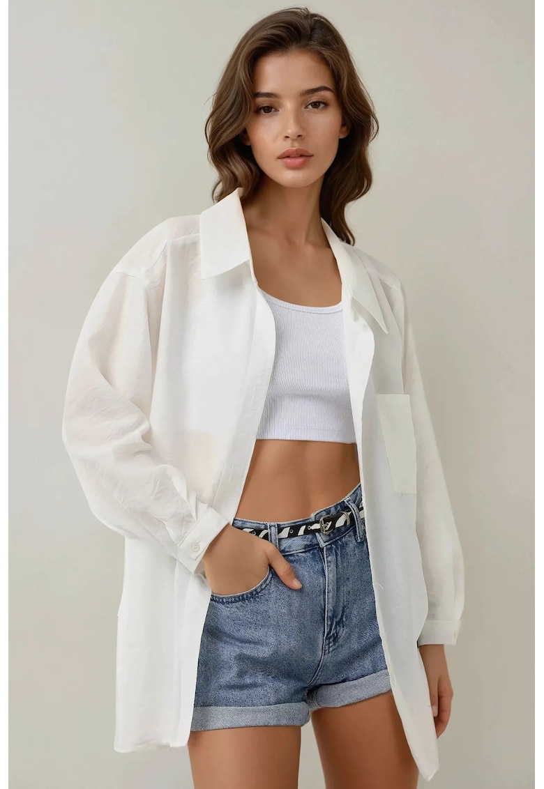 Camasa dama - viscoza/nylon - cu maneca lunga - guler clasic - alb