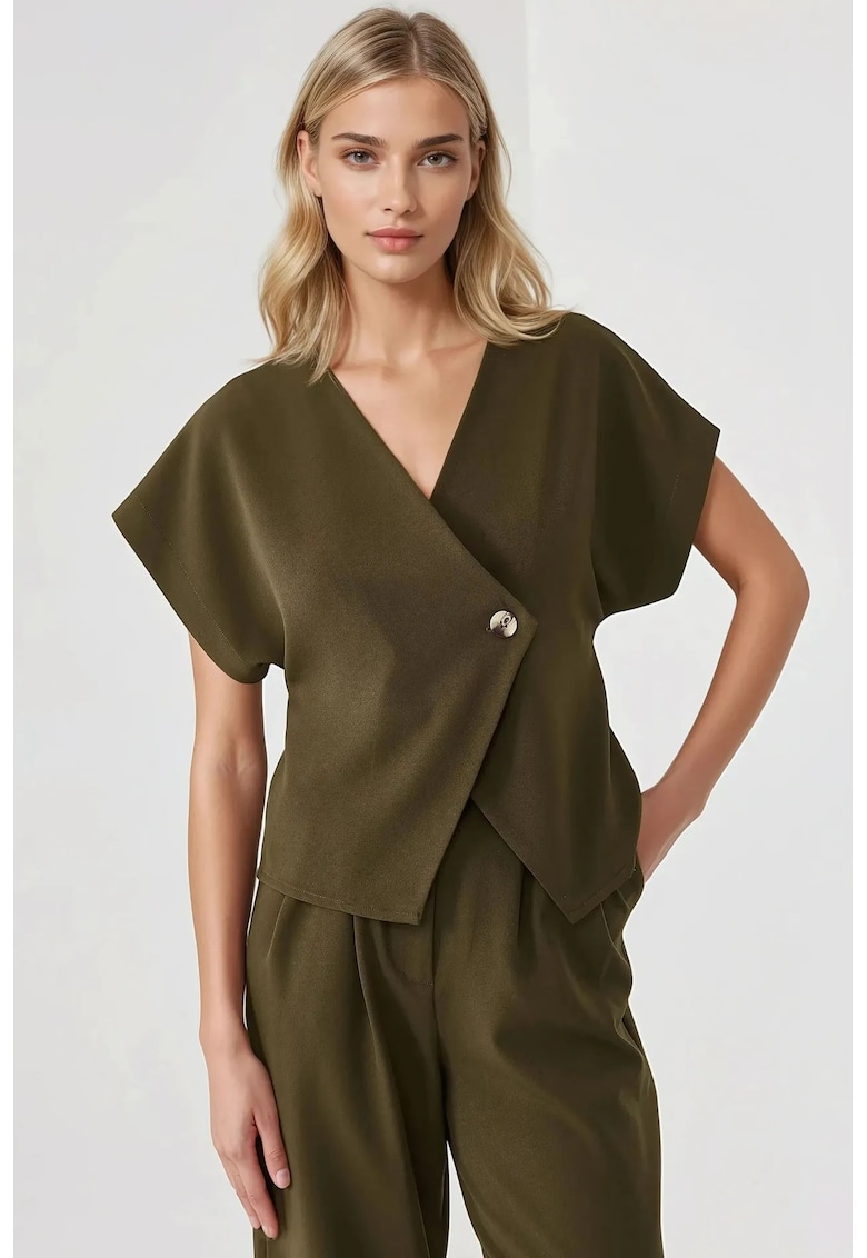 Bluza dama - ajustata - decolteu in V - textil - Verde
