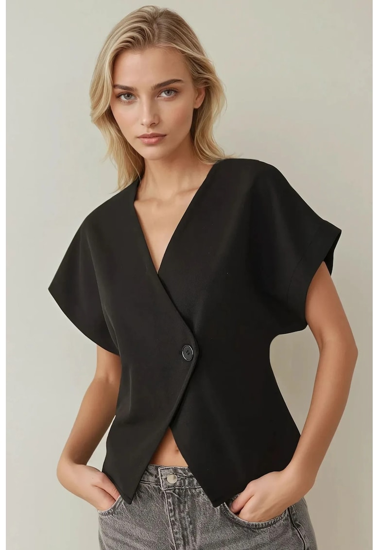 Bluza pentru dama - cu decolteu in V - bumbac - negru