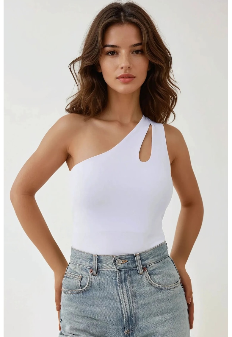 Top - slim fit - guler asimetric - alb - jerseu - Alb