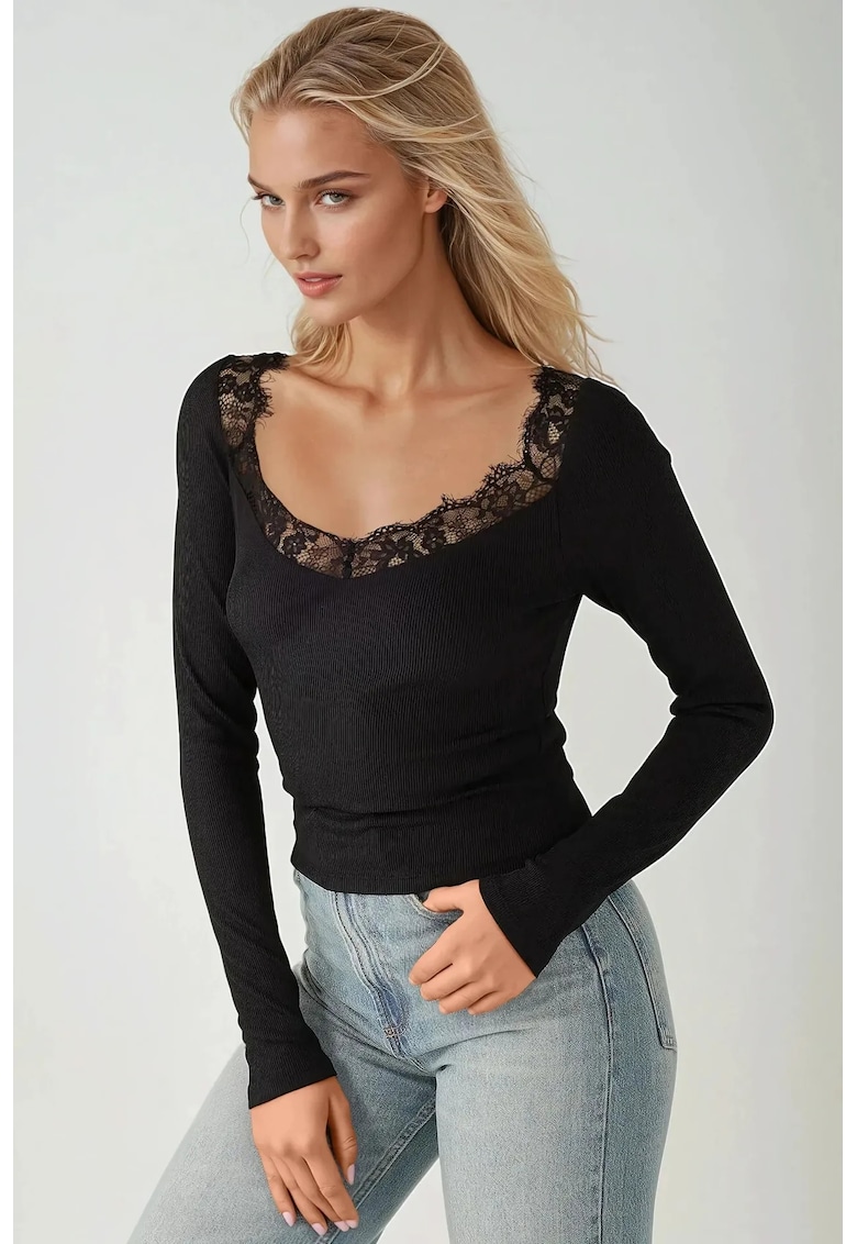 HiCCUP Top - slim fit - decolteu in V - maneca lunga - negru - jerseu