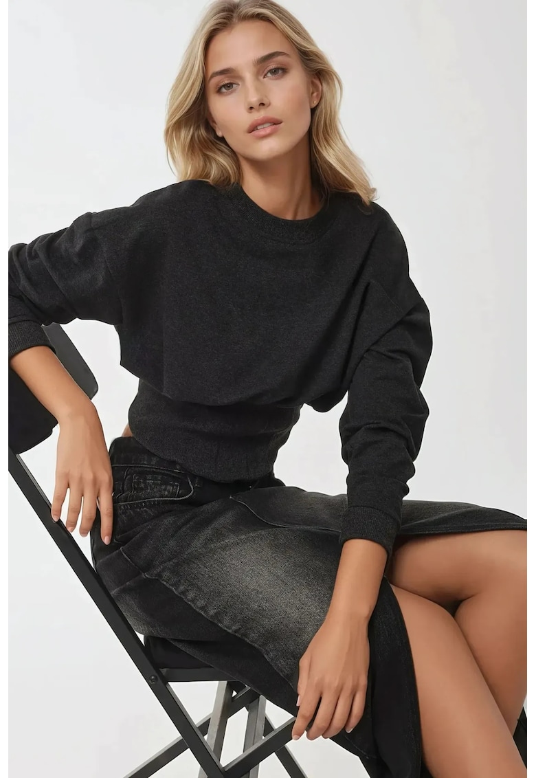 Hanorac tricotat guler rotund - aspect corset - gri - material de inalta calitate