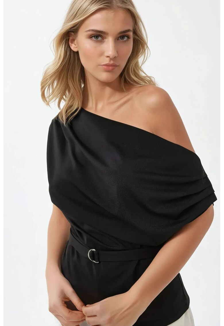 Top dama - cu guler sal si curea - negru - jerseu