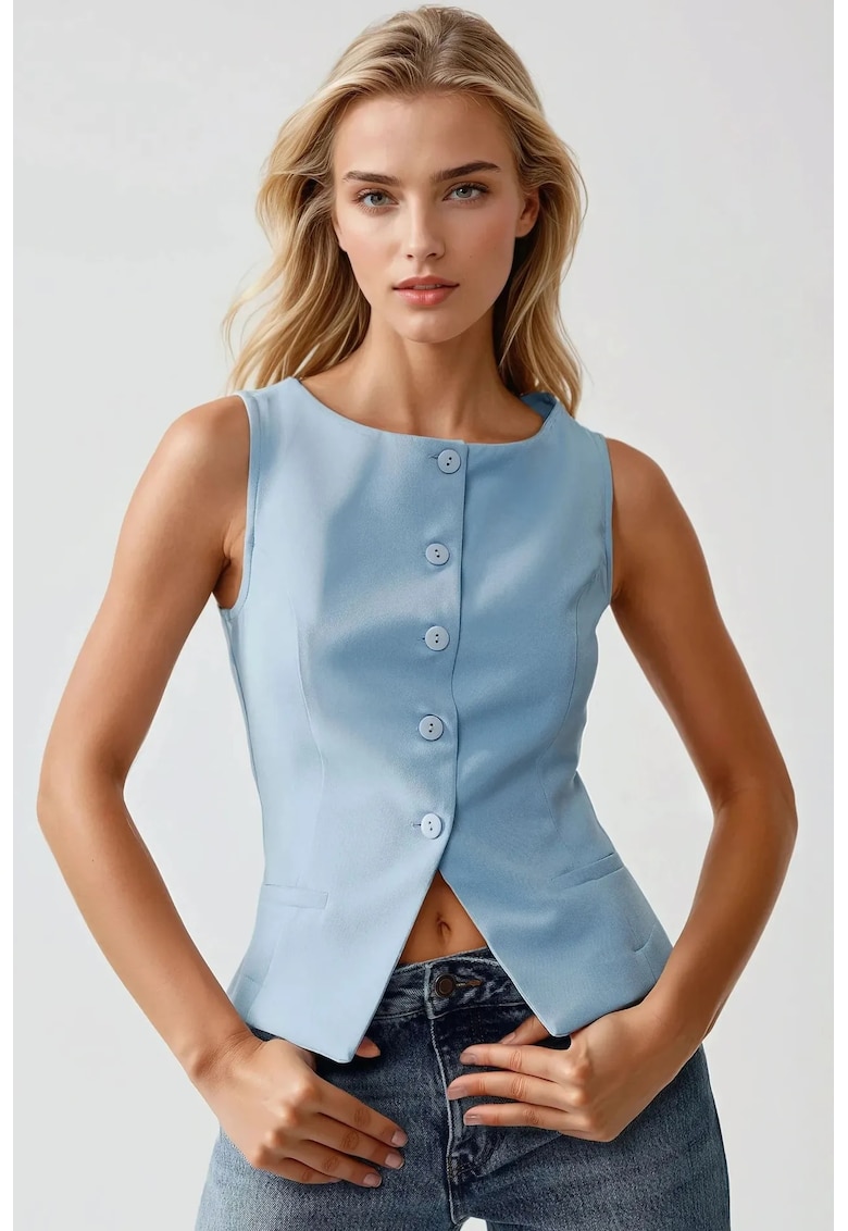 Vesta fara maneci - cu guler rotund - cu nasturi - textil - albastru