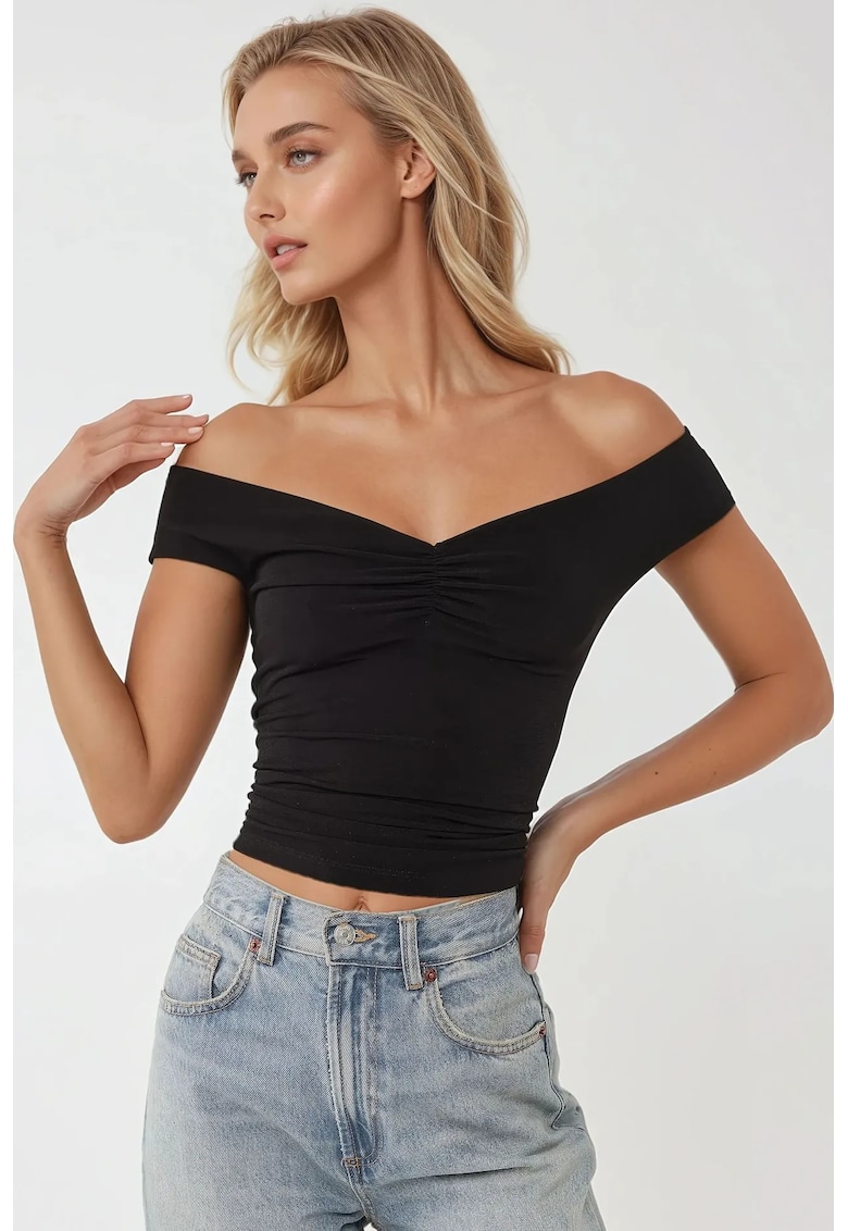 Top dama - cu umeri goi - croiala slim fit - negru - jerseu