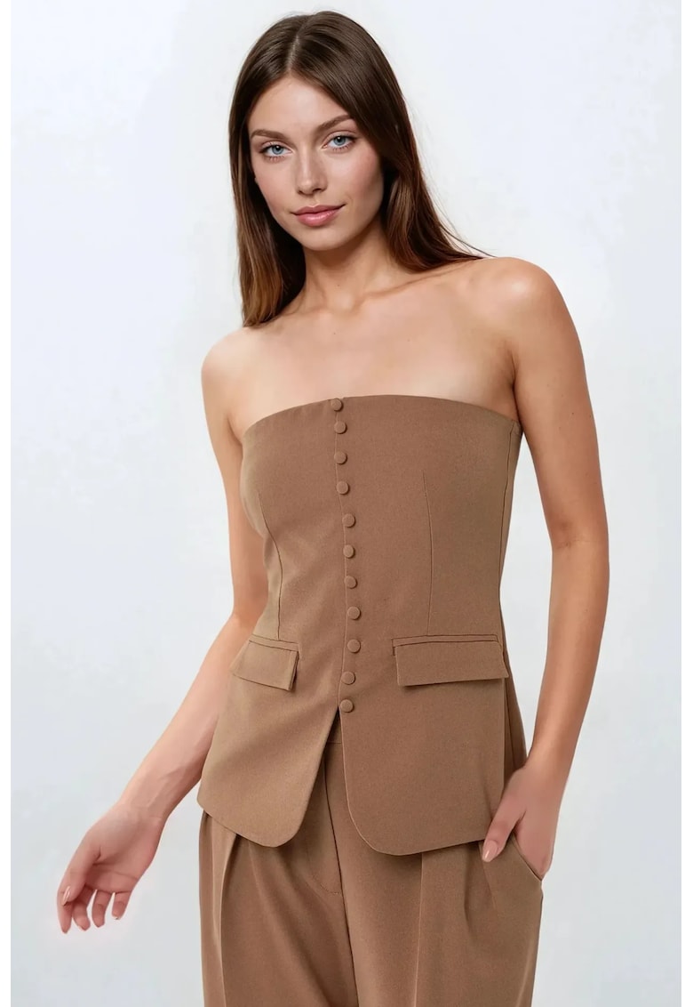 Top fara bretele - slim fit - nasturi - maro - textil