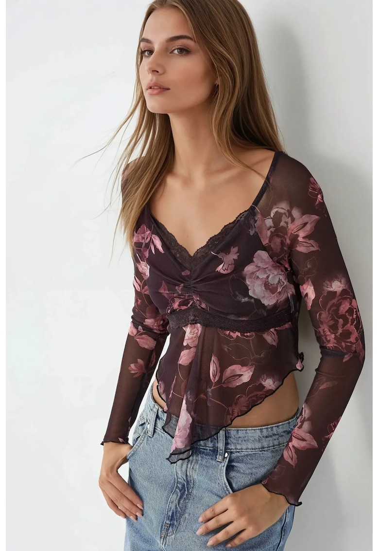 Bluza dama florala slim fit rosu - Visiniu