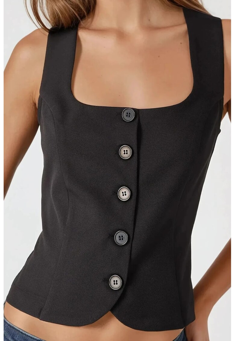 Vesta pentru dama - guler patrat - textil - negru
