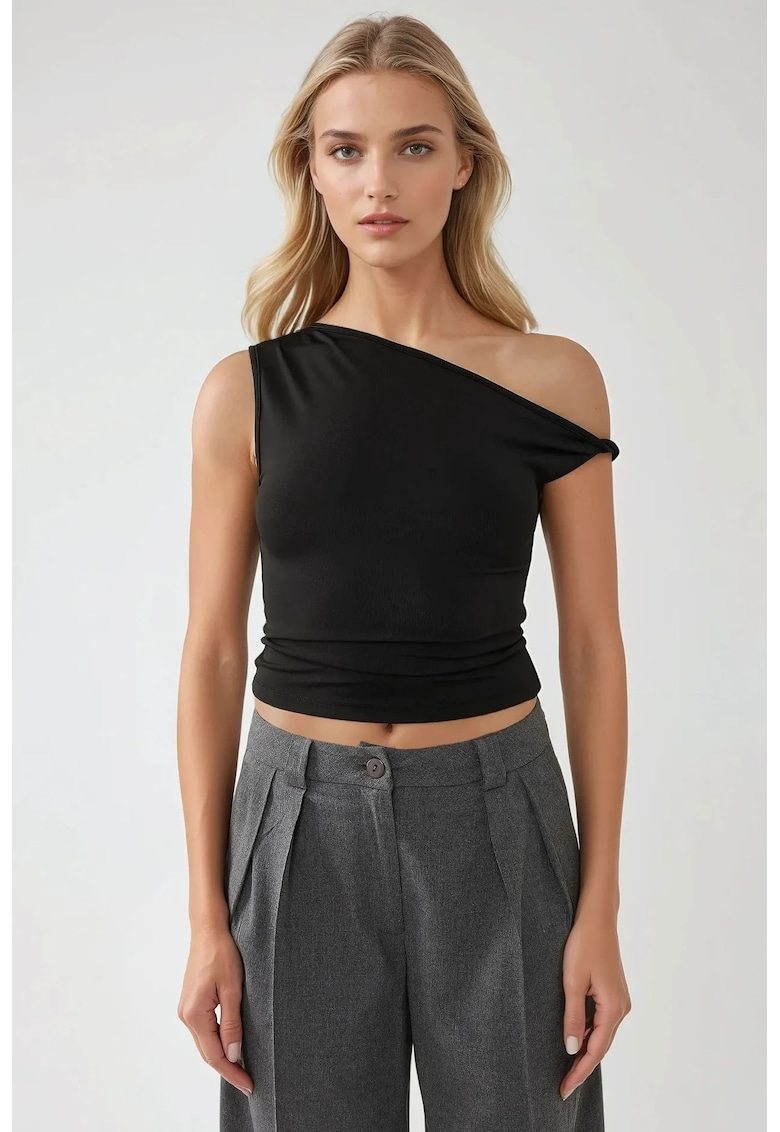 Top slim fit - guler asimetric - umeri goi - negru - jerseu - Negru