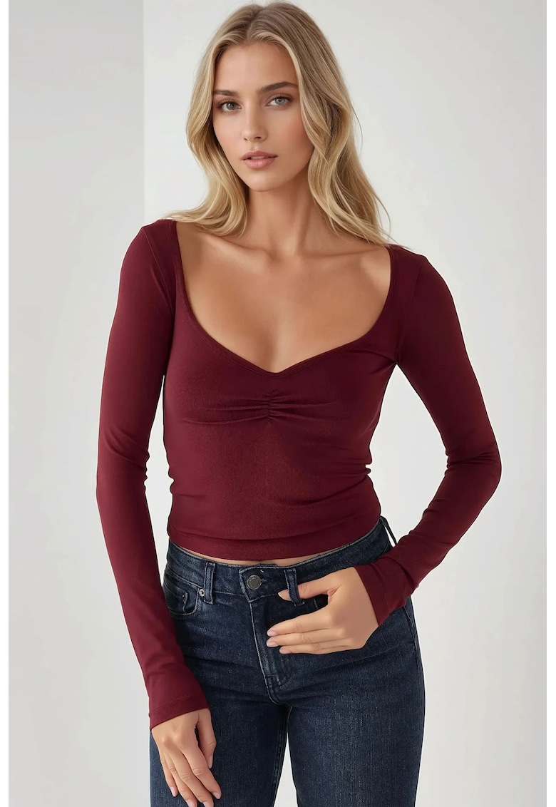 Top dama - slim fit - decolteu in V - rosu - jerseu