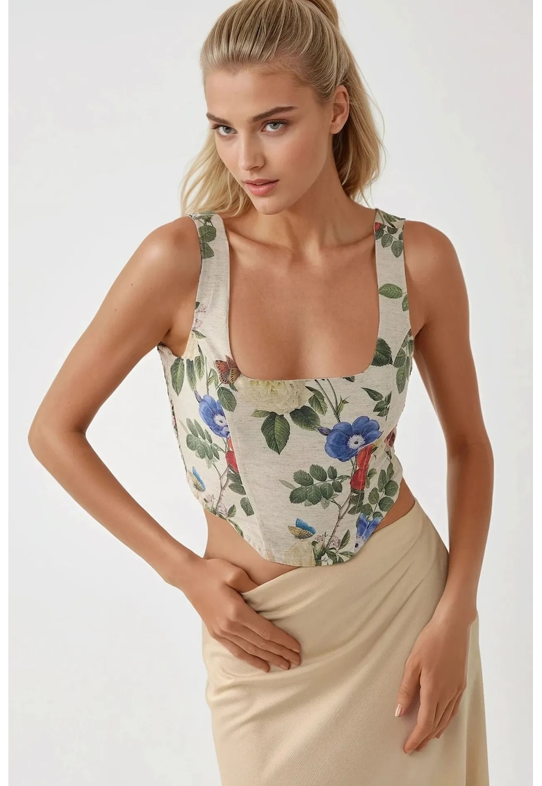 Top scurt - guler patrat - imprimeu floral - multicolor - textil