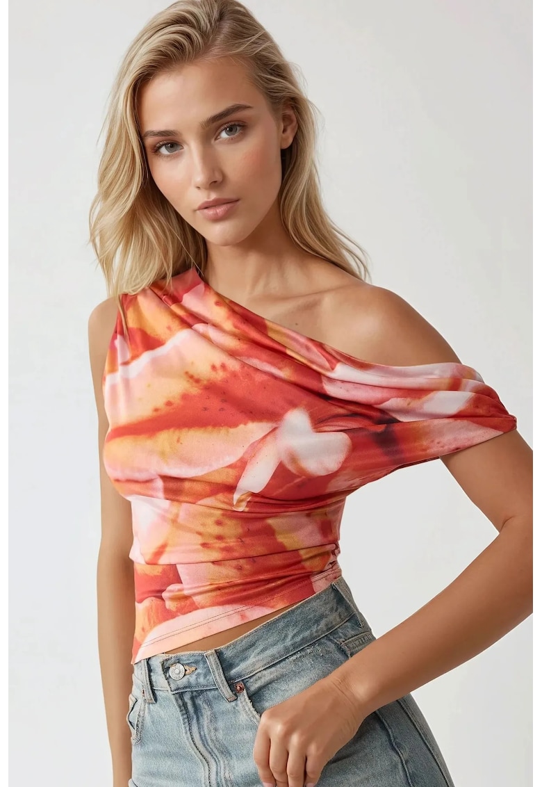 Top - top scurt mulat - imprimeu floral - rosu - jerseu