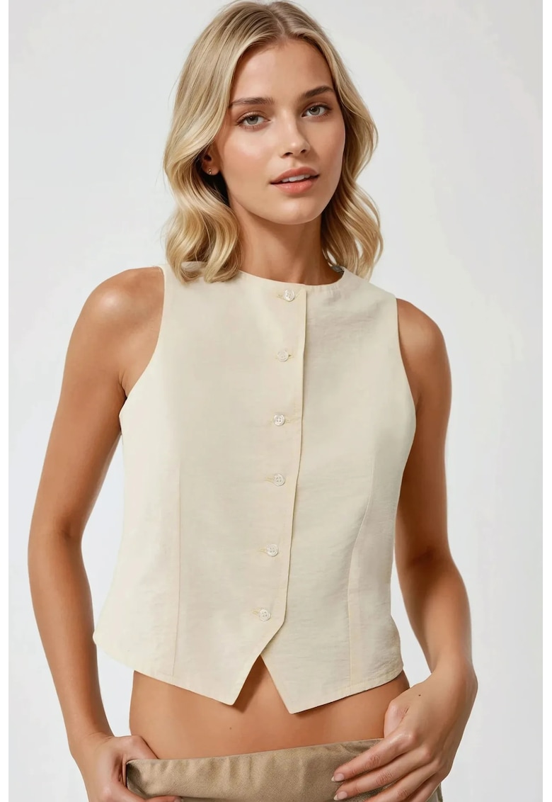 Vesta fara maneci - guler rotund - bej - material textil