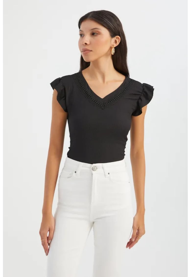 Bluza dama - cu decolteu in V - maneci scurte - maro - textil