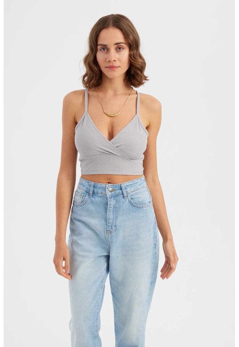 Top dama - simplu fara maneci - decolteu in V - gri - poliester