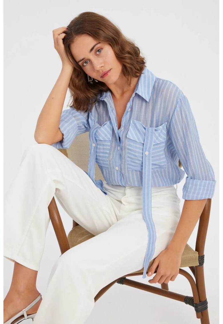 Camasa dama - poliester/viscoza - cu dungi si buzunare - albastru