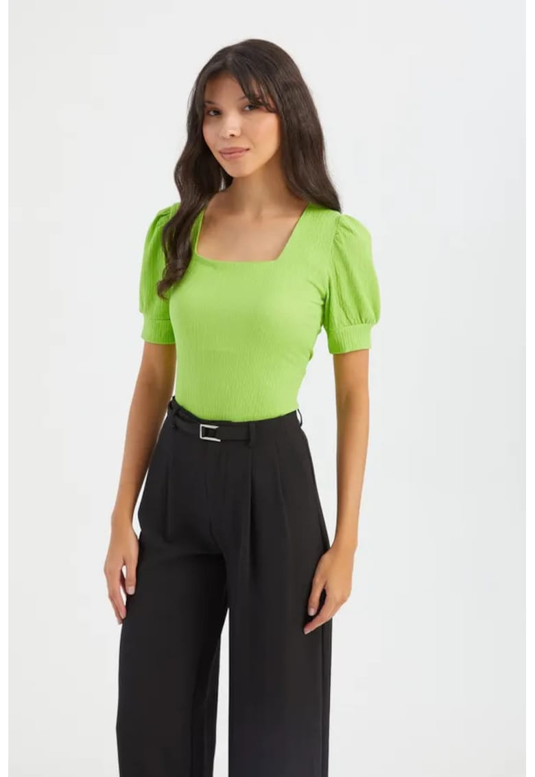 Bluza dama - cu decolteu patrat - maneci bufante - verde - textil