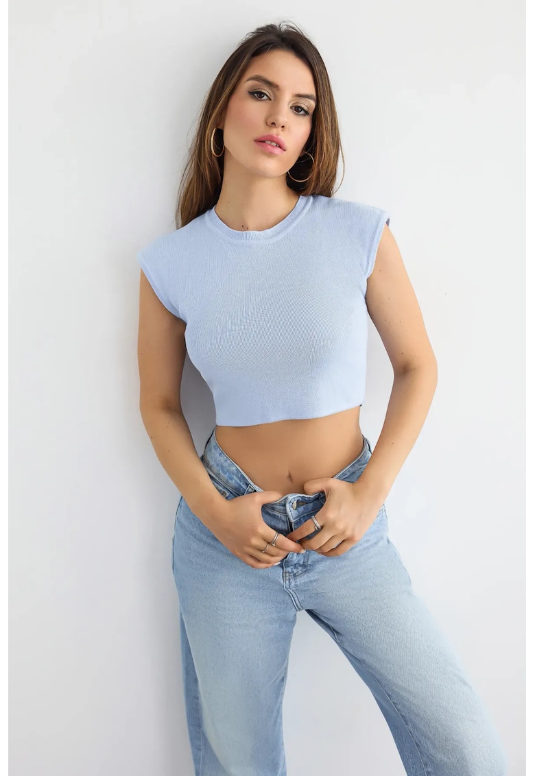Top - scurt - nervuri - viscoza - Albastru -