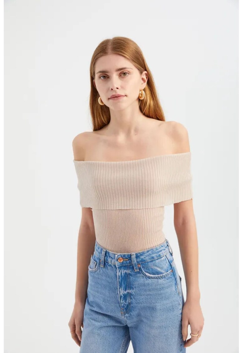 Top - top scurt tricotat - maneca scurta - viscoza - Bej Natural -