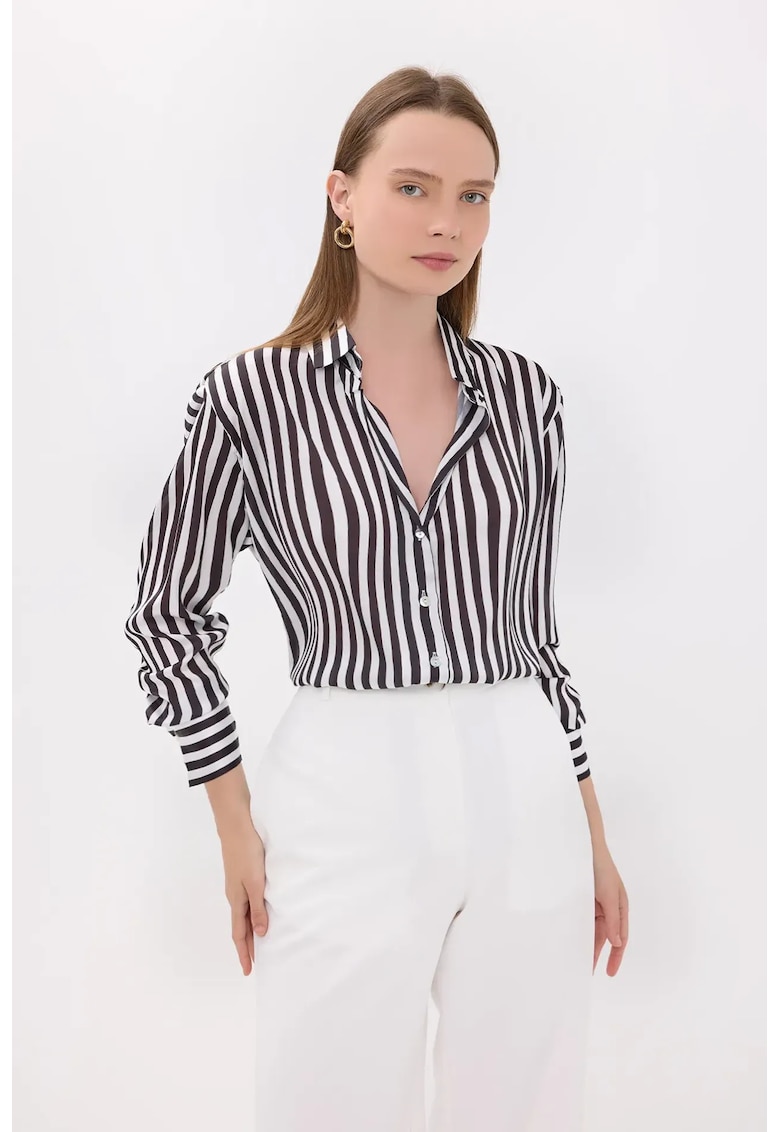 Camasa din satin cu maneca lunga - dungi - neagra