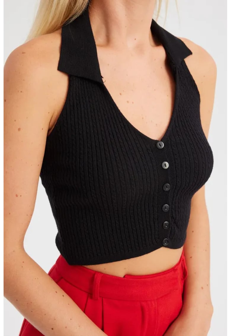 Top - top scurt tricotat - guler - spate deschis - textil - Negru -