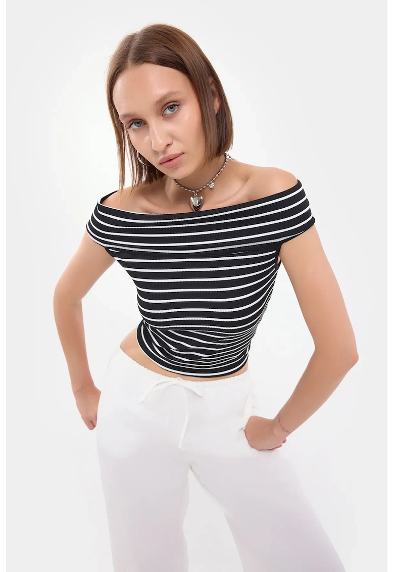 Top fara umeri - dungi - negru - poliester
