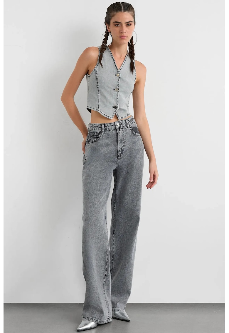 Bluza dama - vesta scurta denim - decolteu in V - albastru denim - bumbac