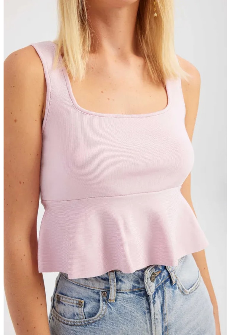 Top tricotat cu volane - decolteu patrat - roz - jerseu -