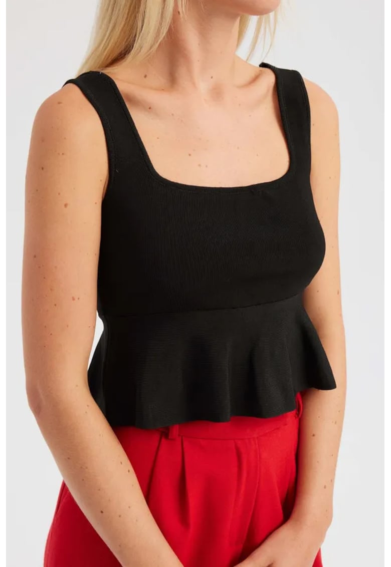 Top tricotat cu volane - decolteu patrat - negru - jerseu -