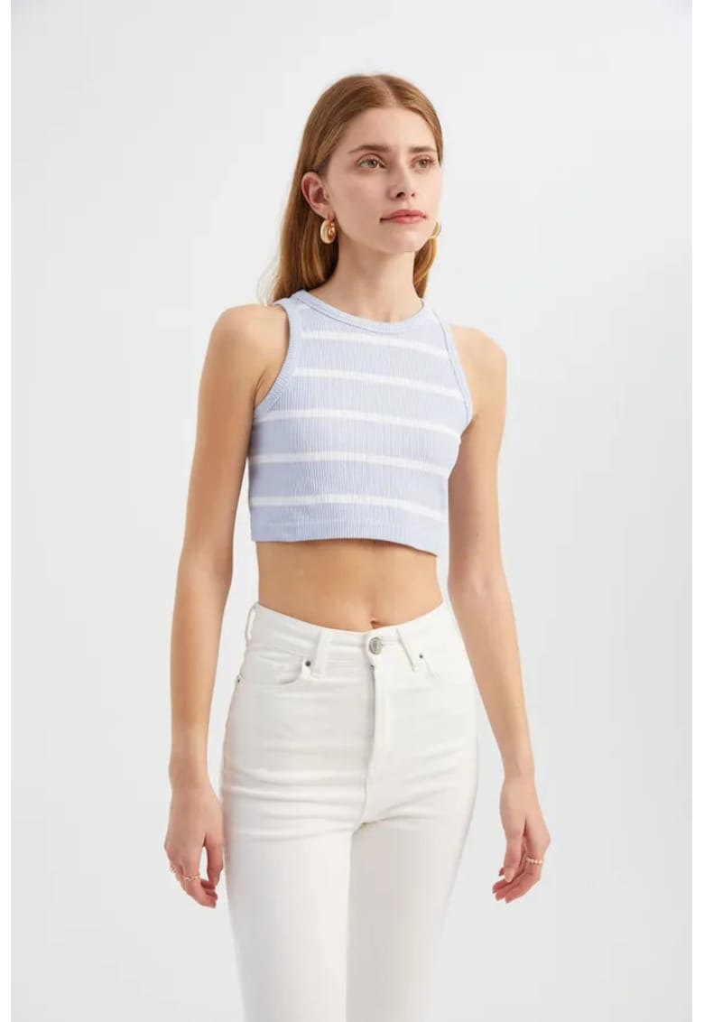 Top - crop cu guler rotund - dungi - violet - textil