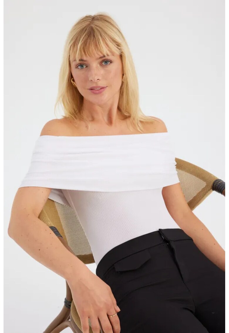 Top dama - solid cu umeri goi - alb - jerseu