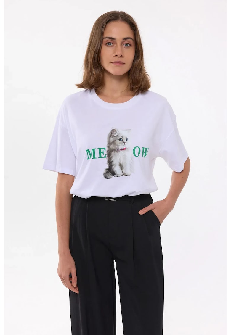 Tricou dama cu imprimeu - bumbac - alb