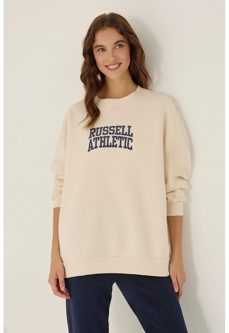 Bluza supradimensionata - guler rotund - imprimeu - bej - bumbac si poliester -