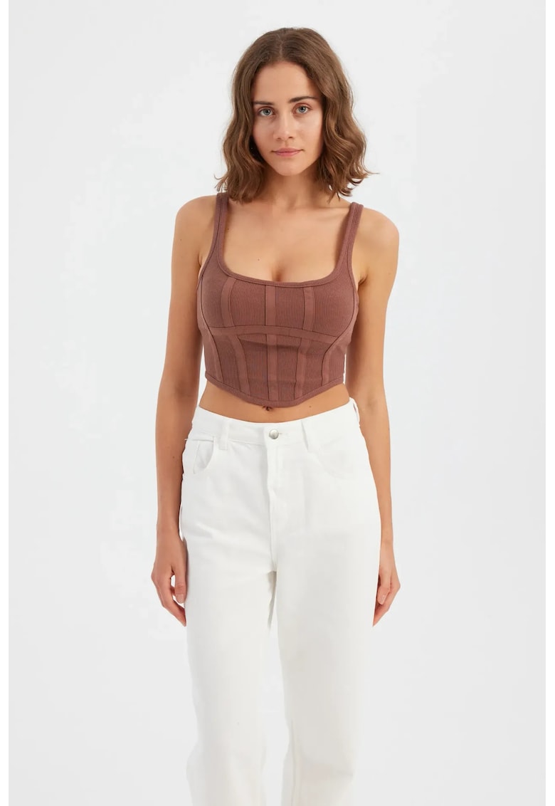 Top - corset fara maneci - decolteu patrat - maro - bumbac