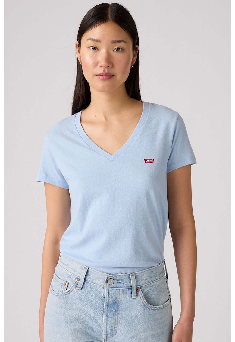 Tricou din bumbac cu decolteu in V - Albastru deschis
