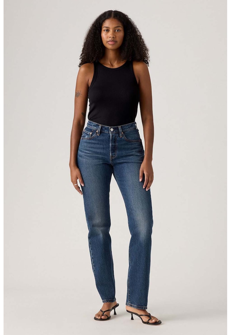 Blugi cu talie inalta si aspect decolorat