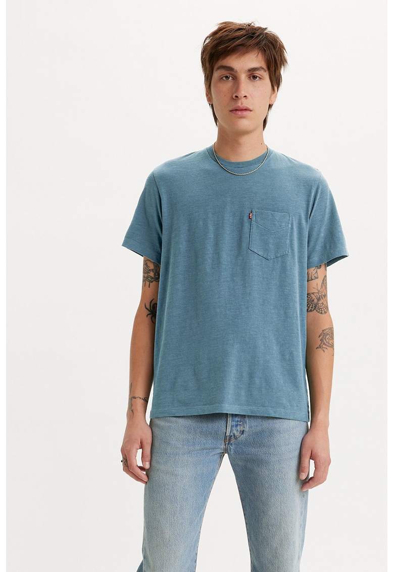 Tricou de bumbac cu buzunar pe piept - Albastru prafuit