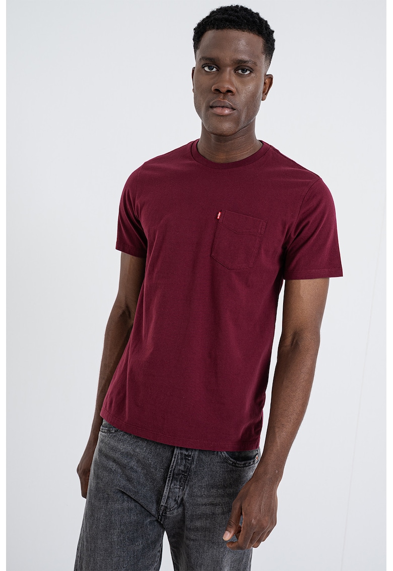 Tricou de bumbac cu buzunar pe piept - Rosu/Rosu inchis