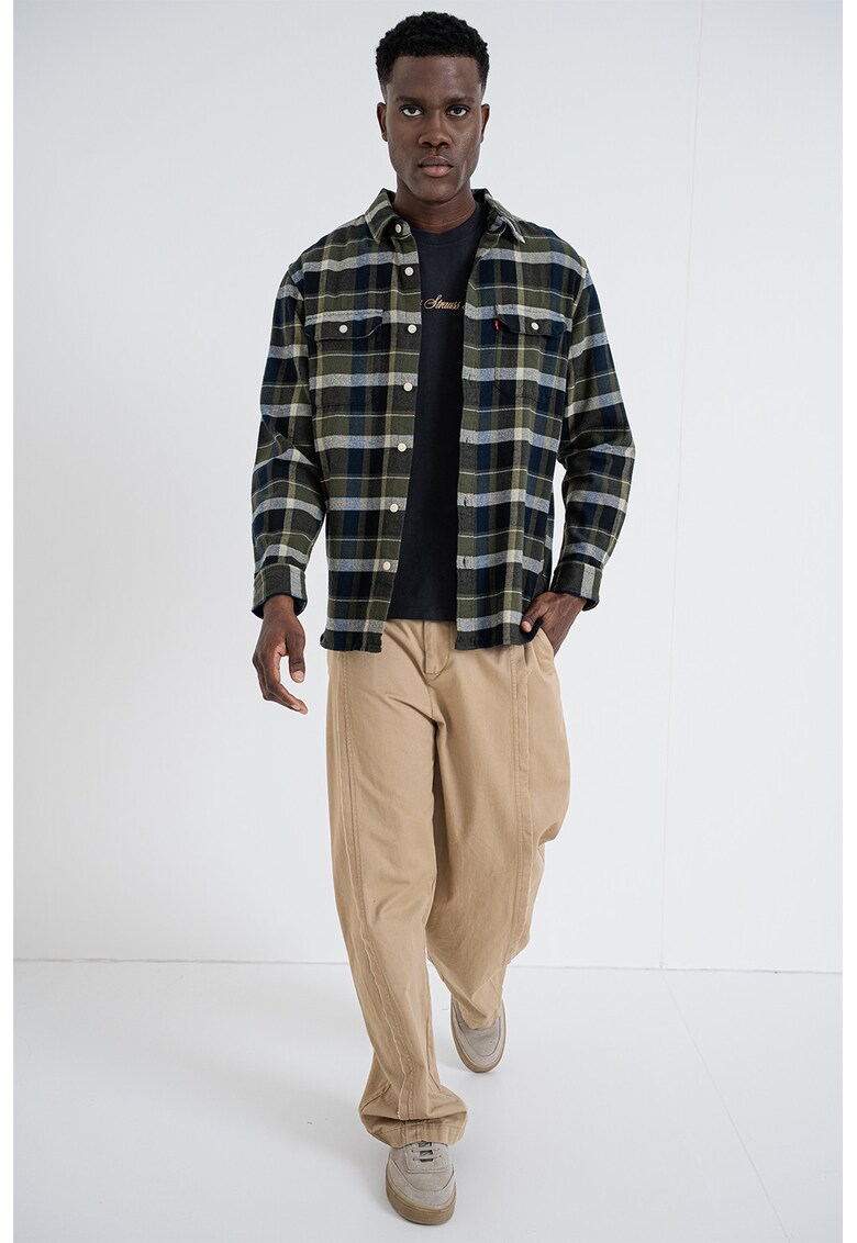 Camasa in carouri cu buzunare pe piept - Alb/Negru/Verde inchis