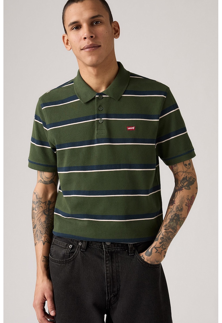 Tricou polo in dungi Housemark - Verde padure/Alb murdar/Bleumarin