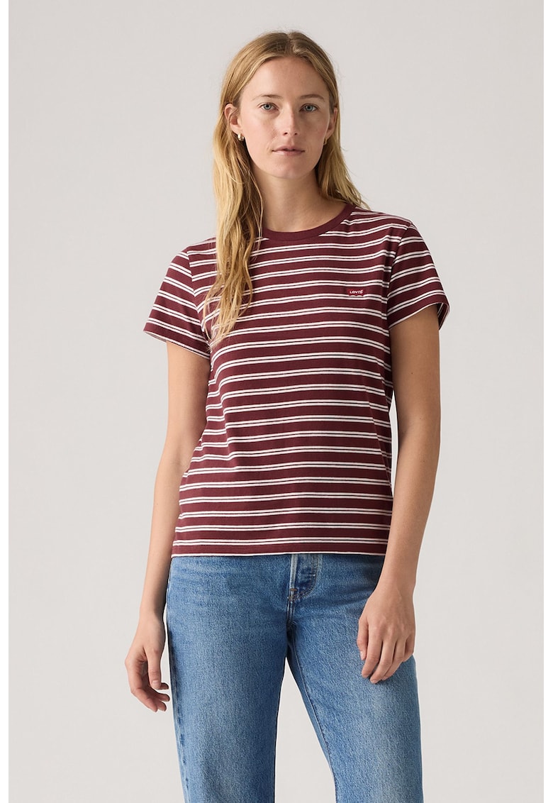 Tricou din bumbac cu decolteu la baza gatului - Rosu inchis/Alb optic