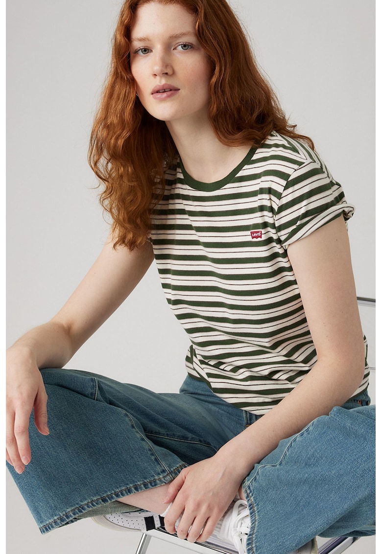 Tricou din bumbac cu decolteu la baza gatului si model in dungi - Verde aquamarin/Crem