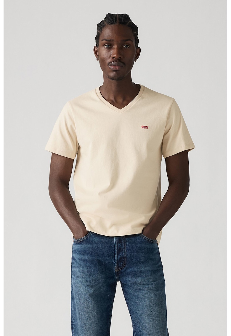 Tricou de bumbac cu decolteu in V - Crem