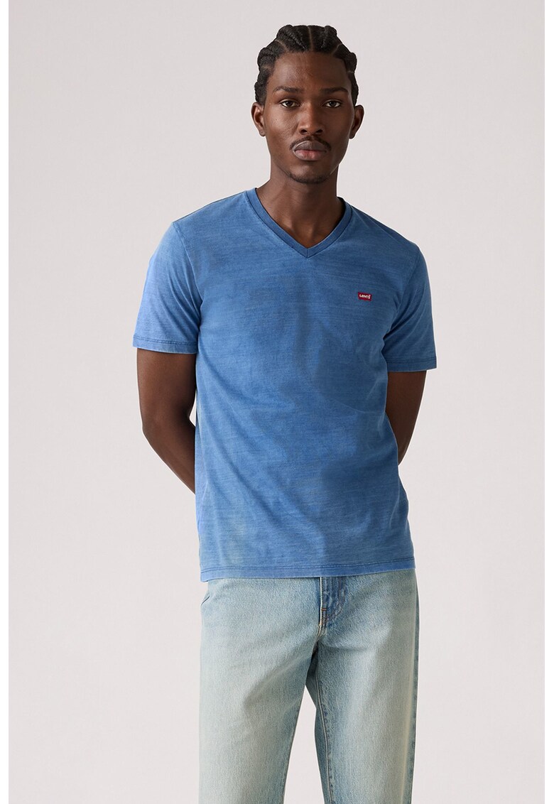 Tricou de bumbac cu decolteu in V - Albastru inchis